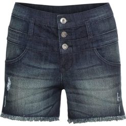 Krótkie spodenki dżinsowe hot pants bonprix ciemny denim. Niebieskie jeansy damskie bonprix, bez wzorów, z jeansu. Za 37,99 zł.