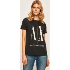 Armani Exchange - T-shirt. Szare topy damskie Armani Exchange, s, z nadrukiem, z bawełny, z okrągłym kołnierzem. Za 219,90 zł.