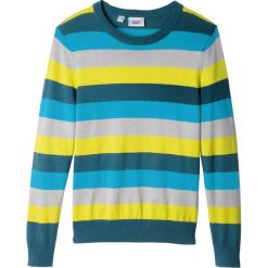 Sweter chłopięcy dzianinowy w paski bonprix niebieskozielono-turkusowy-limonka w paski. Niebieskie swetry chłopięce bonprix, w paski, z dzianiny, bez kołnierzyka. Za 54,99 zł.