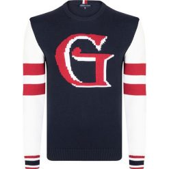 Sweter w kolorze granatowo-biało-czerownym. Niebieskie swetry męskie Giorgio di Mare, s, bez wzorów, z bawełny, z okrągłym kołnierzem, bez kaptura. W wyprzedaży za 139,95 zł.