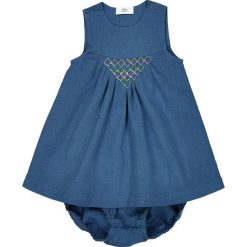 Niemowlęcy komplecik: sukienka i krótkie spodenki 0 miesięcy - 3 latka. Niebieskie spodenki dziewczęce marki La Redoute Collections, z haftami, z bawełny. Za 102,86 zł.