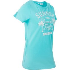 T-shirt sportowy z szerokim okrągłym dekoltem, krótki rękaw bonprix morski z nadrukiem. Niebieskie bluzki sportowe damskie bonprix, z nadrukiem, z okrągłym kołnierzem, z krótkim rękawem, krótkie, bez kaptura. Za 49,99 zł.
