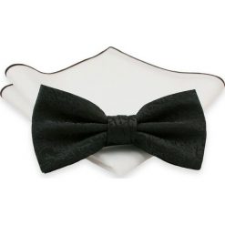 Stylowa mucha z poszetką - Chattier, Męska - Czarna z Kwiatową Fakturą MUCH0372. Czarne muszki męskie Chattier, na imprezę, w paski, eleganckie. Za 44,00 zł.