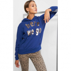 Bluza z napisem z cekinów. Fioletowe bluzy z kieszeniami damskie marki Orsay, xs, z napisami, z bawełny, z długim rękawem, długie. Za 89,99 zł.