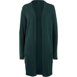 Długi sweter dzianinowy bez zapięcia, długi rękaw bonprix głęboki zielony. Zielone swetry damskie bonprix, bez wzorów, z dzianiny, z długim rękawem, długie, bez kaptura. Za 99,99 zł.