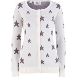 Sweter rozpinany w gwiazdy bonprix biel wełny - matowy lila. Białe kardigany damskie bonprix, z wełny. Za 59,99 zł.