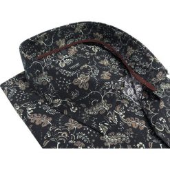 Czarna koszula we florystyczny wzór/ liście Mmer A027. Czarne koszule męskie Mmer - Koszule męskie, m, bez wzorów, z elastanu, eleganckie, bez kołnierzyka, z długim rękawem. Za 148,50 zł.
