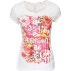T-shirt ze sztrasami bonprix biały z nadrukiem. Białe t-shirty damskie bonprix, z nadrukiem, z okrągłym kołnierzem. Za 44,99 zł.