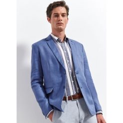 Marynarka męska lniana o kroju slim. Niebieskie marynarki męskie Top Secret, na lato, m, bez wzorów, z bawełny, eleganckie. W wyprzedaży za 149,99 zł.