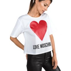 Love Moschino Koszulka Biały. Białe koszulki damskie Love Moschino, xxl, z nadrukiem, z elastanu, bez kołnierzyka, z krótkim rękawem. Za 731,95 zł.