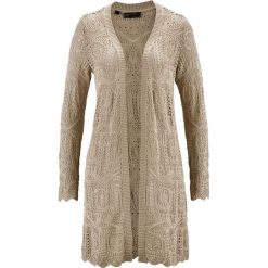 Sweter bez zapięcia ażurowy bonprix piaskowy. Brązowe swetry damskie bonprix, bez wzorów, bez rękawów, bez kaptura. Za 99,99 zł.
