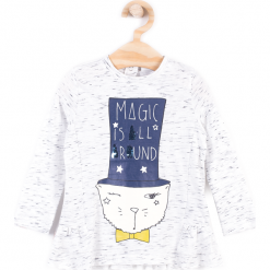 Koszulka. Szare bluzki dziewczęce bawełniane MAGIC IS ALL AROUND, z aplikacjami, z falbankami, z długim rękawem. Za 29,90 zł.