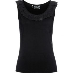 Top z ażurową koronką bonprix czarny. Czarne bluzki damskie bonprix, w koronkowe wzory, z koronki, bez kołnierzyka, bez rękawów. Za 59,99 zł.
