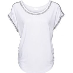 Shirt z połyskującą aplikacją bonprix biały. Białe koszulki damskie bonprix, z aplikacjami, z elastanu, eleganckie, bez kołnierzyka, bez rękawów. Za 74,99 zł.
