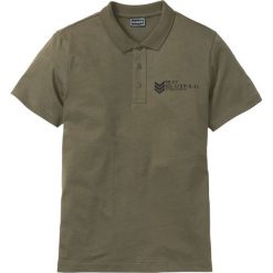 Shirt polo z nadrukiem Slim Fit bonprix ciemnooliwkowy. Zielone koszulki męskie bonprix, s, z nadrukiem, bez rękawów. Za 27,99 zł.