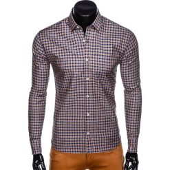 KOSZULA MĘSKA W KRATĘ Z DŁUGIM RĘKAWEM K436 - GRANATOWA/RUDA. Czerwone koszule męskie Ombre Clothing, s, bez wzorów, z bawełny, eleganckie, bez kołnierzyka, z długim rękawem. Za 39,00 zł.