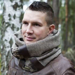 Szaliki damskie: Szal wełniany ze skórą, Komin Unisex - brązowy