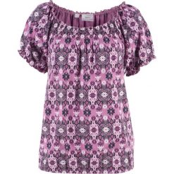 T-shirt bawełniany z gumką, krótki rękaw bonprix matowy jeżynowy z nadrukiem. Fioletowe koszulki damskie bonprix, z nadrukiem, z bawełny, bez kołnierzyka, z krótkim rękawem. Za 44,99 zł.