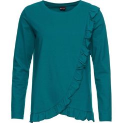 Shirt z falbankami bonprix kobaltowo-turkusowy. Niebieskie koszulki damskie bonprix, bez wzorów, z okrągłym kołnierzem, z długim rękawem. Za 37,99 zł.