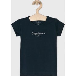 Pepe Jeans - Top dziecięcy 104-122 cm. Niebieskie bluzki dziewczęce Pepe Jeans, z nadrukiem, z elastanu, z okrągłym kołnierzem, z krótkim rękawem, krótkie, bez kaptura. Za 59,90 zł.