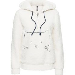 Bluza z kapturem z polaru baranka z haftem bonprix biel wełny. Białe bluzy damskie bonprix, z haftami, z wełny, bez rękawów, z kapturem. Za 109,99 zł.