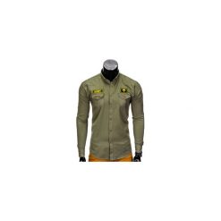 KOSZULA MĘSKA Z DŁUGIM RĘKAWEM K361 - KHAKI. Brązowe koszule męskie na spinki marki Ombre Clothing, m, z aplikacjami, z kontrastowym kołnierzykiem, z długim rękawem. Za 79,00 zł.