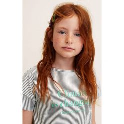 Mango Kids - Top dziecięcy Climate 110-164 cm. Białe bluzki dziewczęce Mango Kids, z nadrukiem, z bawełny, z okrągłym kołnierzem, z krótkim rękawem, krótkie, bez kaptura. W wyprzedaży za 19,90 zł.