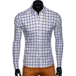 KOSZULA MĘSKA W KRATĘ Z DŁUGIM RĘKAWEM K444 - BIAŁA/BEŻOWA. Brązowe koszule męskie Ombre Clothing, s, bez wzorów, z bawełny, bez kołnierzyka, z długim rękawem. Za 39,00 zł.