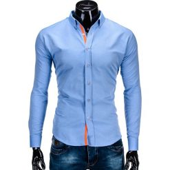 KOSZULA MĘSKA ELEGANCKA Z DŁUGIM RĘKAWEM K300 - BŁĘKITNA. Niebieskie koszule męskie marki Ombre Clothing, s, z bawełny, eleganckie, z kontrastowym kołnierzykiem, z długim rękawem. Za 59,00 zł.