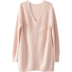 Tuniki damskie: Sweter tunika, dekolt w serek, wełna