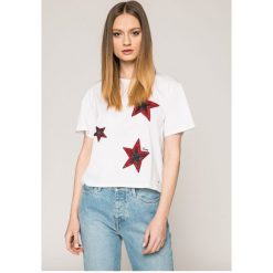 Tommy Hilfiger - Top. Szare topy damskie marki TOMMY HILFIGER, l, z aplikacjami, z bawełny, z okrągłym kołnierzem. W wyprzedaży za 199,90 zł.