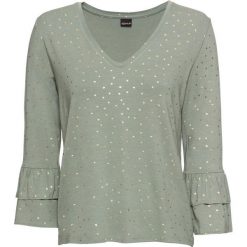 Shirt z foliowym nadrukiem bonprix matowy zielony - złoty z nadrukiem. Zielone koszulki damskie bonprix, z nadrukiem, z dekoltem w serek, bez rękawów. Za 49,99 zł.