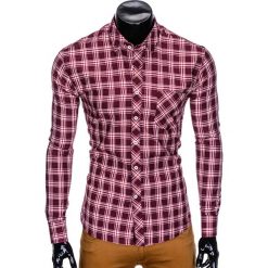 KOSZULA MĘSKA W KRATĘ Z DŁUGIM RĘKAWEM K419 - BORDOWA. Czerwone koszule męskie Ombre Clothing, s, bez wzorów, bez kołnierzyka, z długim rękawem. Za 29,00 zł.