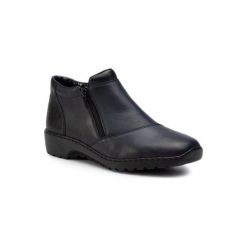 RIEKER L6091-15. Niebieskie botki damskie Rieker, ze skóry ekologicznej, bez obcasa, bez zapięcia. Za 269,99 zł.