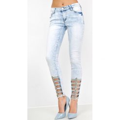 Rurki damskie: Jasne rurki jeans z ozdobną kratką na nogawce