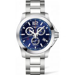 LONGINES CONQUEST CHRONO 1/100 SEC L3.800.4.96.6. Niebieskie zegarki męskie marki LONGINES, ze stali. Za 5230,00 zł.
