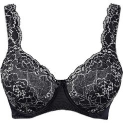 Biustonosz "minimizer" bonprix czarno-biały. Czarne biustonosze bonprix, w koronkowe wzory, z bawełny. Za 27,99 zł.