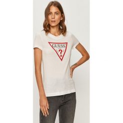 Guess Jeans - T-shirt. Białe bluzki damskie Guess Jeans, s, z nadrukiem, z bawełny, casualowe, z okrągłym kołnierzem, z krótkim rękawem. W wyprzedaży za 89,90 zł.