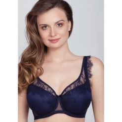 Biustonosz w kolorze granatowym. Niebieskie biustonosze Samanta, w koronkowe wzory, z koronki. W wyprzedaży za 129,95 zł.