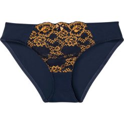 Figi bonprix ciemnoniebiesko-musztardowy. Niebieskie majtki damskie bonprix, bez wzorów, z koronki. Za 29,99 zł.