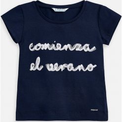 Mayoral - T-shirt dziecięcy 92-134 cm. Niebieskie bluzki dziewczęce Mayoral, z nadrukiem, z dzianiny, z okrągłym kołnierzem, z krótkim rękawem, krótkie, bez kaptura. W wyprzedaży za 59,90 zł.