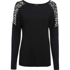 Shirt z perełkami, w optyce dzianiny bonprix czarny. Czarne koszulki damskie bonprix, bez wzorów, z dzianiny, bez kołnierzyka. Za 124,99 zł.