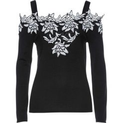 Sweter z dekoltem "carmen" z aplikacją bonprix czarno-biały. Czarne swetry damskie bonprix, z aplikacjami, bez rękawów, bez kaptura. Za 149,99 zł.