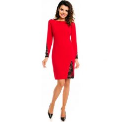 Czerwona Elegancka Sukienka przed Kolano z Prześwitującą Koronką. Czerwone sukienki damskie Molly.pl, na co dzień, s, w koronkowe wzory, z koronki, eleganckie, z dekoltem na plecach, bez rękawów, ołówkowe. Za 119,90 zł.