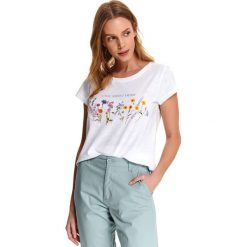 T-shirt damski z florystycznym printem. Białe t-shirty damskie DRYWASH, z nadrukiem, z bawełny, bez kołnierzyka. W wyprzedaży za 29,99 zł.