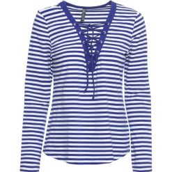 Shirt w paski ze sznurowaniem bonprix szafirowo-biały. Niebieskie koszulki damskie bonprix, w paski, bez kołnierzyka, bez rękawów. Za 64,99 zł.