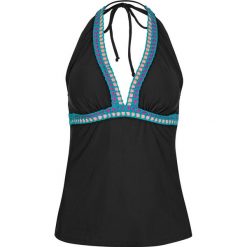 Top tankini z ramiączkami wiązanymi na szyi bonprix czarny. Czarne stroje kąpielowe damskie bonprix, z nadrukiem, bez kołnierzyka. Za 79,99 zł.