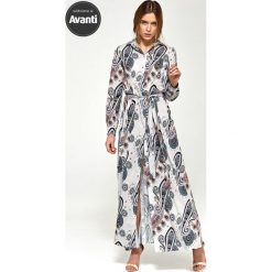 Wzorzysta sukienka maxi z długim rękawem. Sukienki damskie NIFE, na wiosnę, xl, bez wzorów, z poliesteru, klasyczne, z klasycznym kołnierzykiem, z długim rękawem, długie, maxi, koszulowe. Za 249,90 zł.