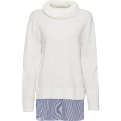 Sweter z golfem i koszulową wstawką bonprix biel wełny. Białe swetry damskie bonprix, bez wzorów, z wełny, bez rękawów. Za 99,99 zł.