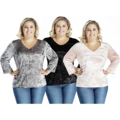 Aksamitna bluzka welurowa oversize PLUS SIZE. Czarne bluzki damskie Moda Size Plus Iwanek, na co dzień, m, bez wzorów, z tkaniny, eleganckie, z dekoltem na plecach, plus size, bez rękawów. Za 89,00 zł.